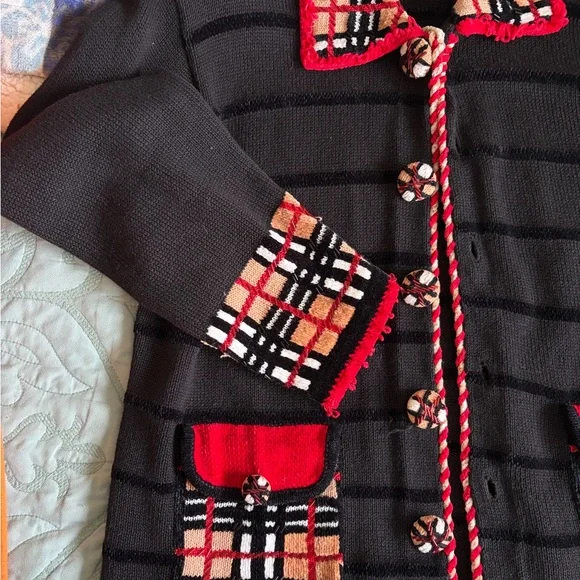 Black Cardigan with Red and Plaid Accents - Picture 5 of 6
